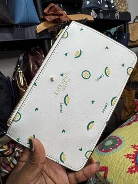 kate spade White Lemon Print Zip Wallet with Green & Yellow Accents